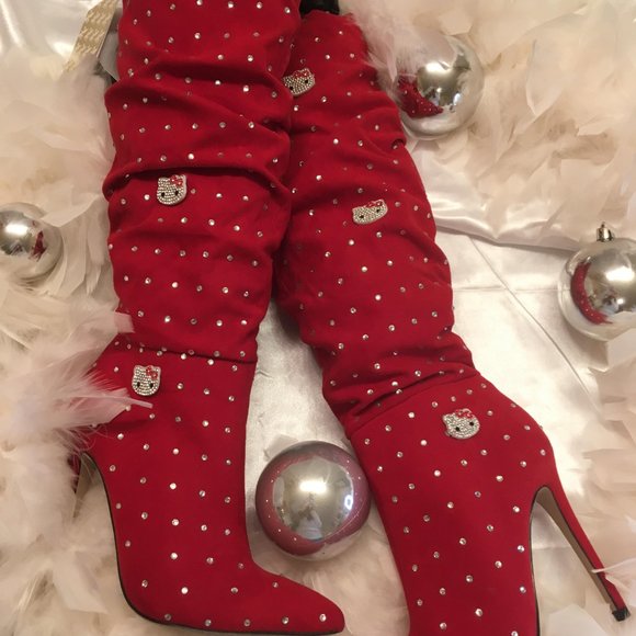 COPY - GORGEOUS cherry red y2k velvet boots covered in crystals and hello kitty… - Picture 9 of 9